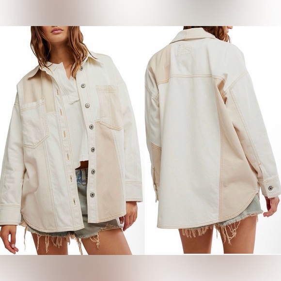 NEW FREE PEOPLE Ivory Mountain Roads Denim Button-Up ivory combo Shirt jacket L - Picture 1 of 9